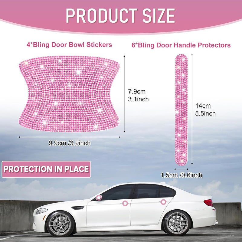 Mosso 10 PCS Bling Car Door Handle Protector, Shiny Crystal Rhinestone Anti-Scratch Glitter Universal Cars Door Handle Protective Cover, Pink Car Accessories for Women (Pink) - Image 2